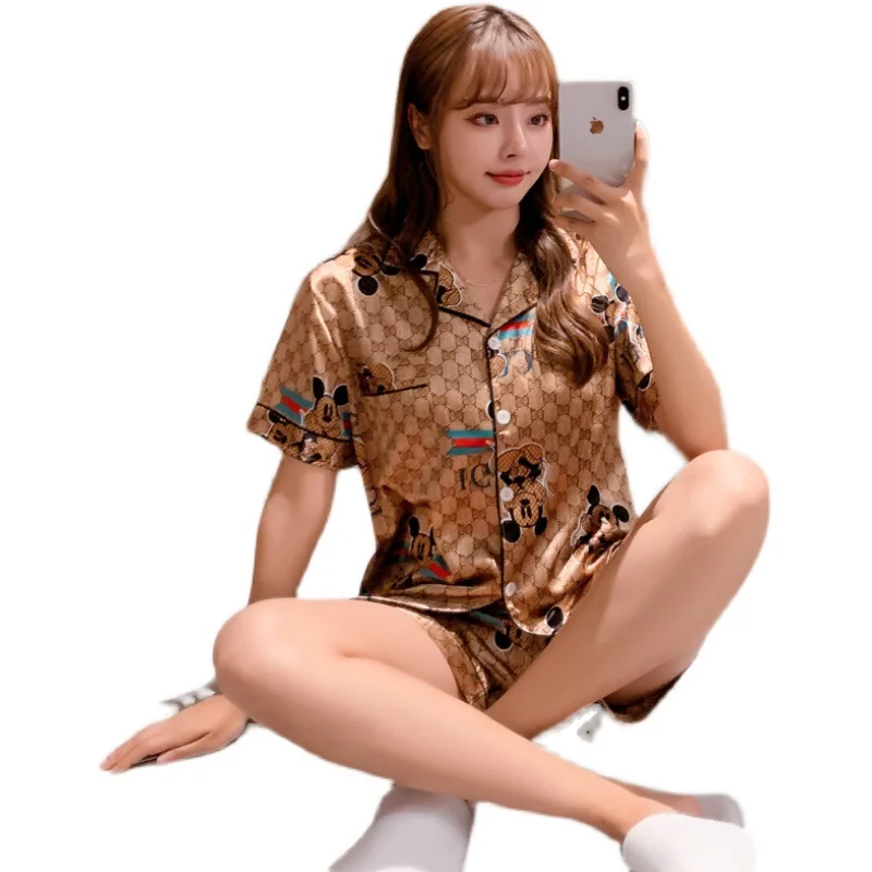 

Summer new double short silk printing emulation silk is pure and fresh and sweet cardigan ice leisurewear suit