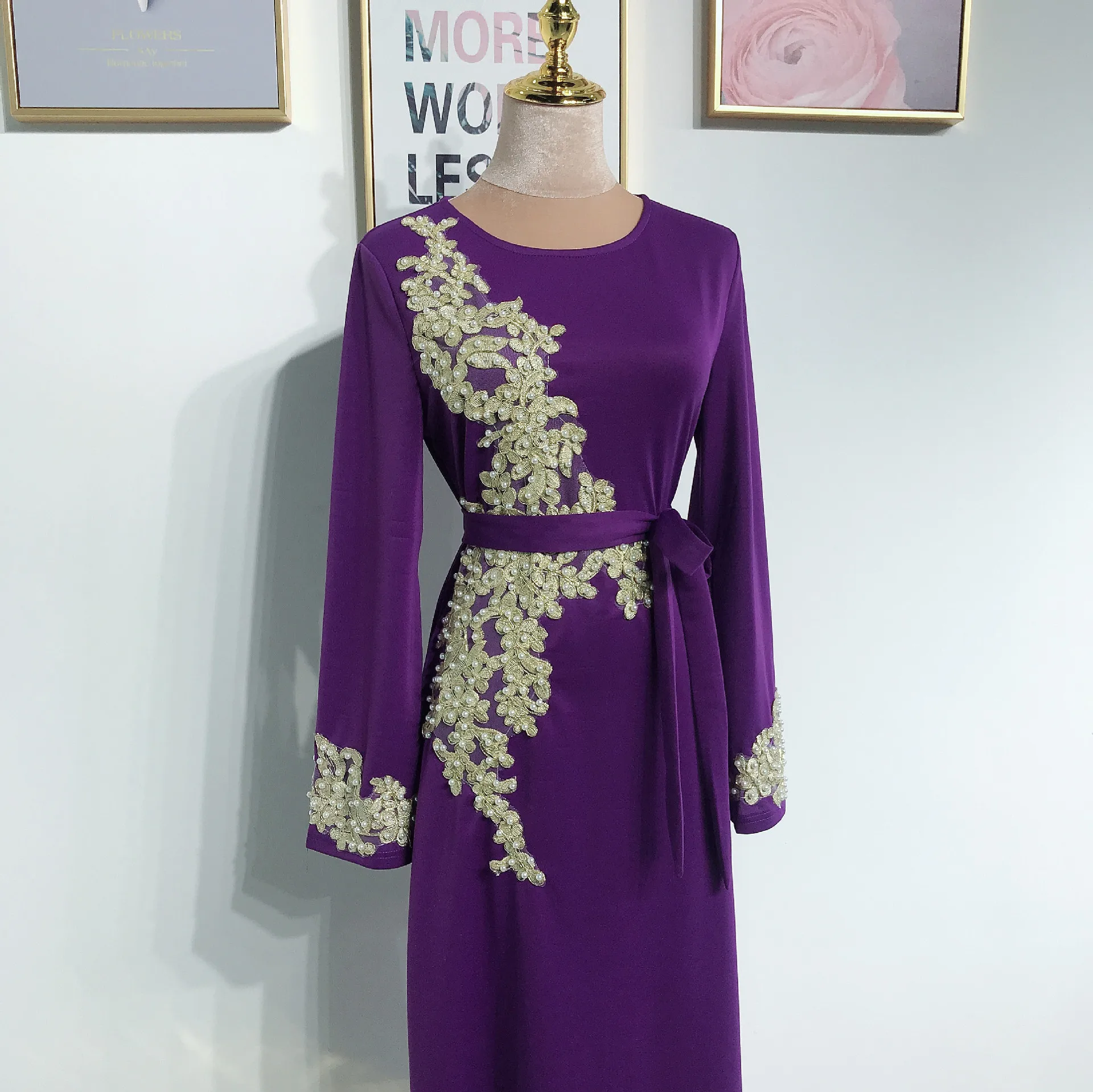 Dubai Arab Islamic Clothing Women Muslim Dress beading Floral Printed Lace-up slim Maxi Abaya Dresses Kaftan Islam Costume femme
