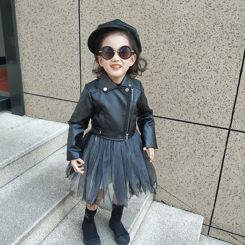 

Girls Yarn Skirt LeatherJacket Detachable Two-wear PU Leather Jacket Coat