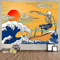 Japanese Ukiyoe Tapestry Sugar Skull Wave Sunset Wall Hanging Living Room Bedroom Decorative Background Cloth