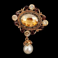 victorian vintage stylish imitated white pearl drop champagne oval stone broach pin for women costume dressy gown cloth jewelry