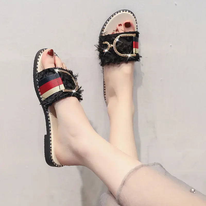 Летние сандалии и шлепанцы Женские шерстяные тапочки на плоской подошве