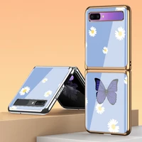 z flip 3 funda case for samsung galaxy z flip 3 z flip 5g purple butterfly pattern plating tempered glass coque phone case cover