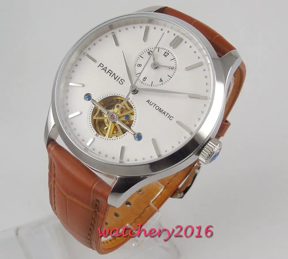 Мужские наручные часы PARNIS GMT с белым циферблатом и кожаным ремешком 43 мм|Мужские