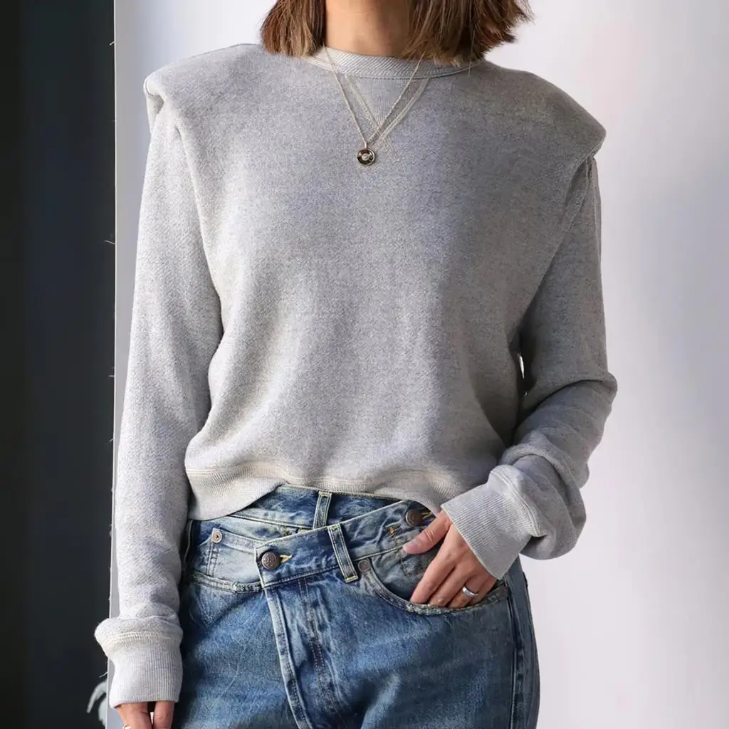 

Pirate Hippie Padded Shoulder Solid Sweatshirts Woman Autumn Long Sleeve Round Neck Hoodie Cotton Casual Simple Pullover Tops