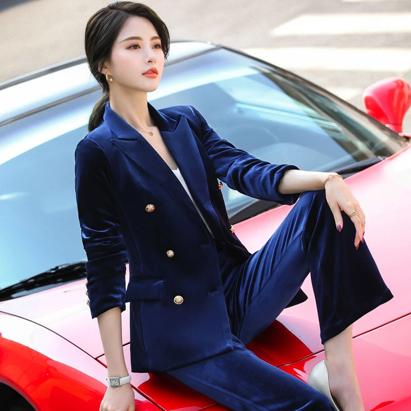 

High Quality Velvet Autumn Winter Women Business Suits Formal Uniform Designs Pantsuits for Women Business Work Wear Blazers Set