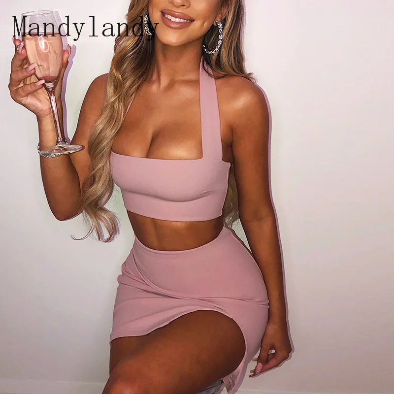 Mandylandy-Conjunto de dos piezas para mujer, Top corto de cuello Halter sin mangas con cintura elástica alta, falda dividida, trajes para mujer
