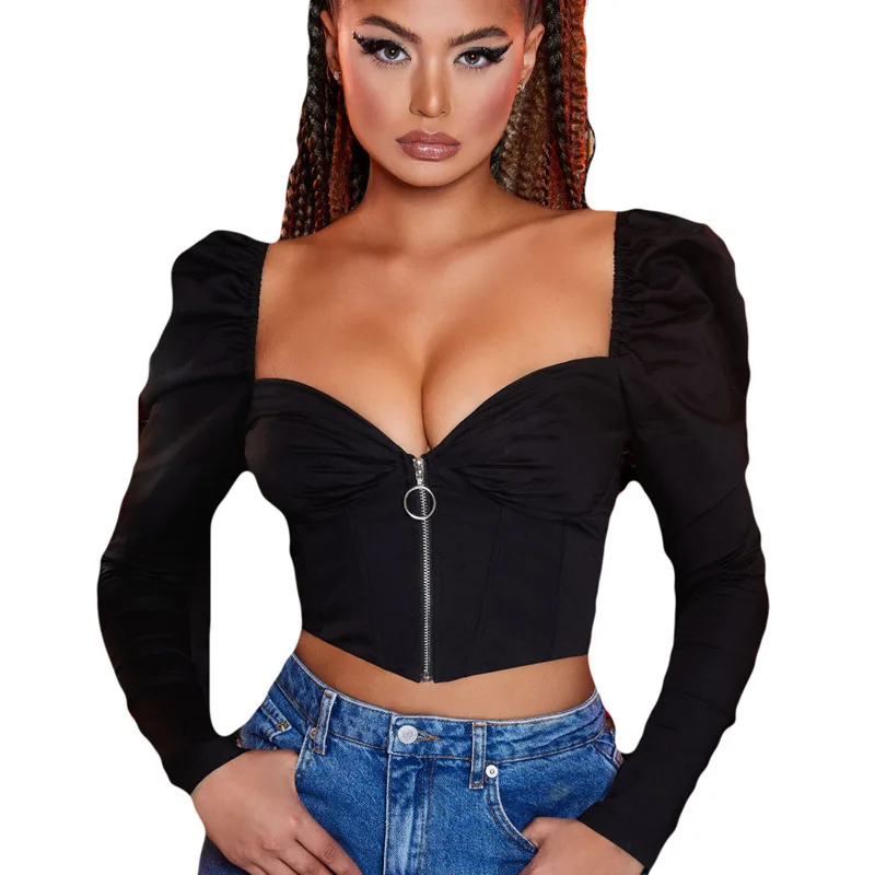 Женская блузка с длинным рукавом DEAT черная короткая v образным вырезом и пупком