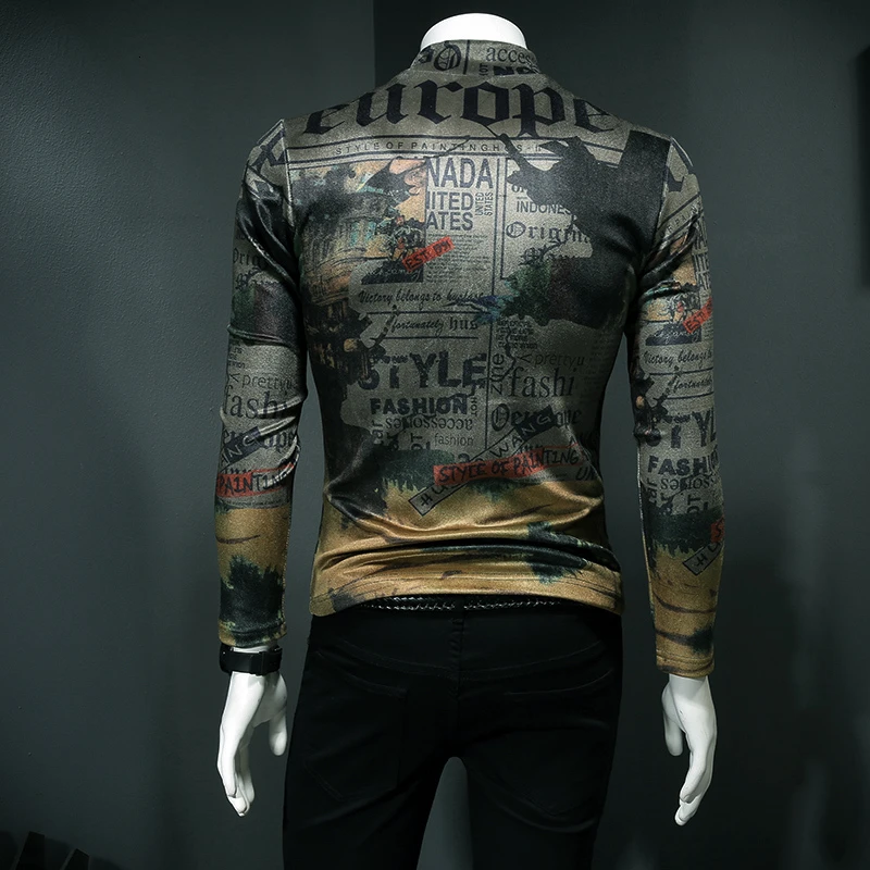 

Flannel Fabric Long-sleeved Tight T-shirt Fashion Printing Casual Men T-shirt Autumn Winter Men's Half-high Collar Slim T-shirt