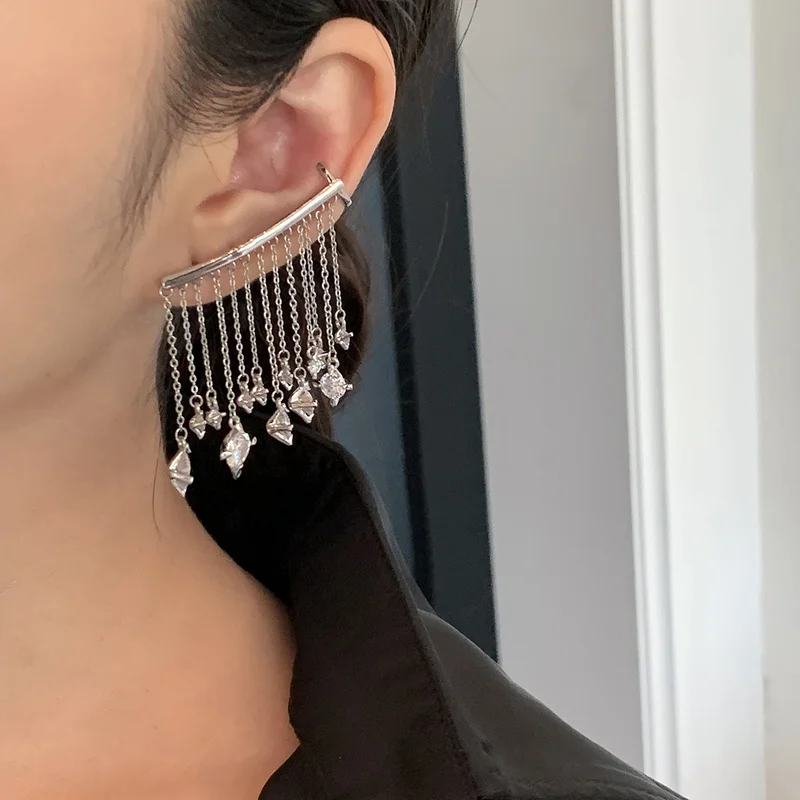 

Timeless Wonder Fancy Zirconia Geo Tassel Pierced Clip Earrings Jewelry for Women Aesthetic Goth Elf Ears Bride Luxury Rare 3321