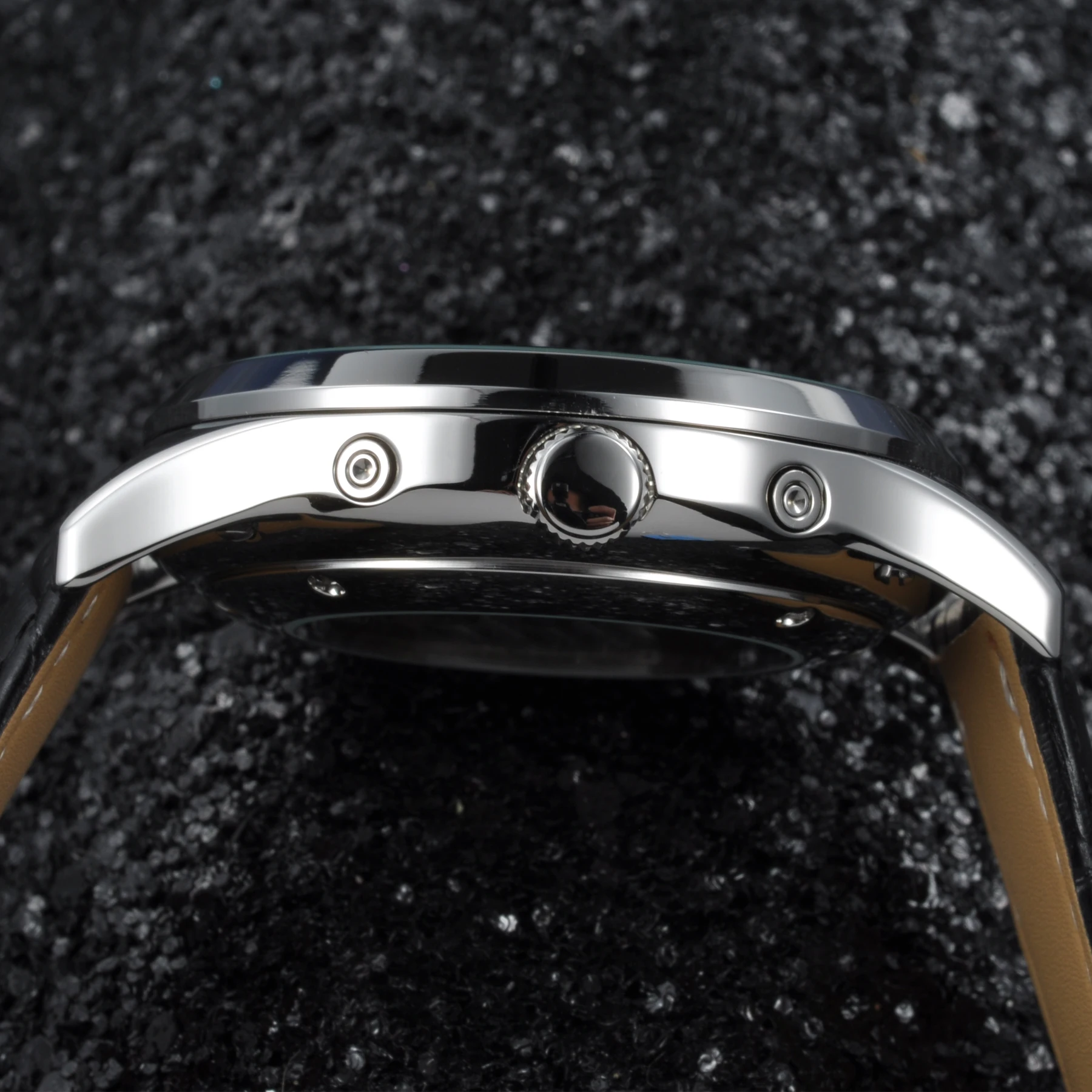 Corgeut 44 мм черный циферблат чехол из нержавеющей стали кожаный ремешок Дата