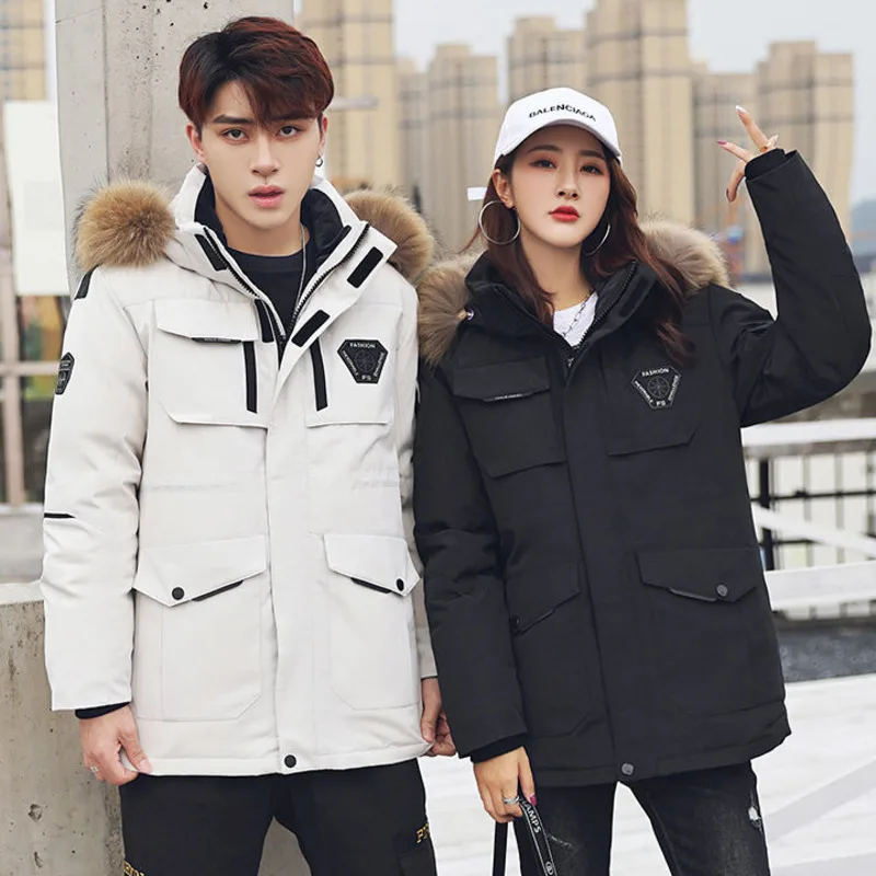 

-30 Degree Snow Cold Winter White Duck Down Jacket Men Korean Fashion Fur Hooded Windbreaker Thicken Warm Parka Coat Couples