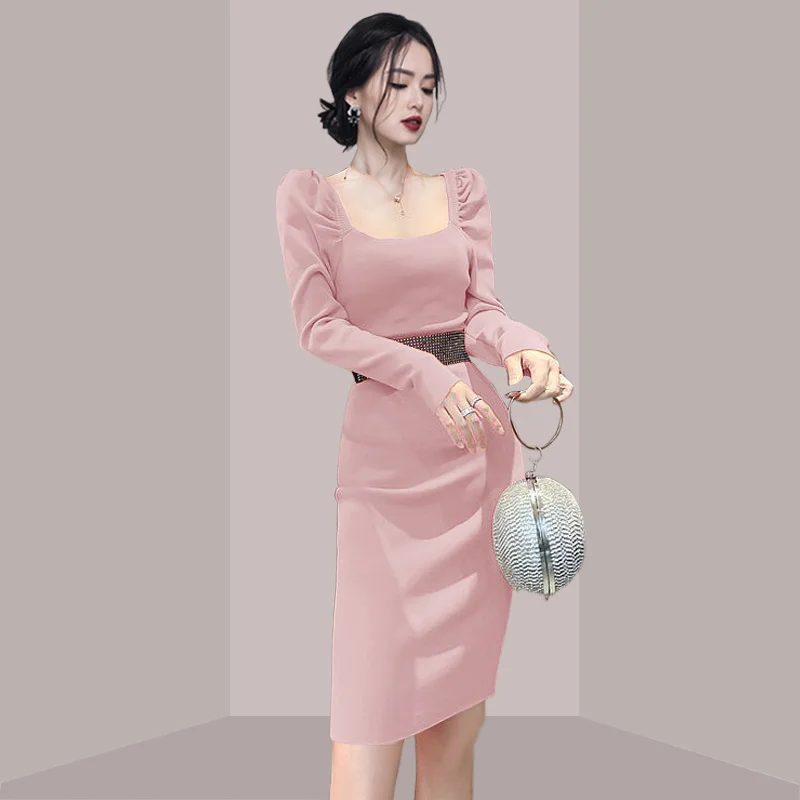 

Ladies Sexy Low-cut Expose Clavicle Tight Waist and Hip Stretch Knitted Dress for Women Autumn and Winter Bottoming Dress