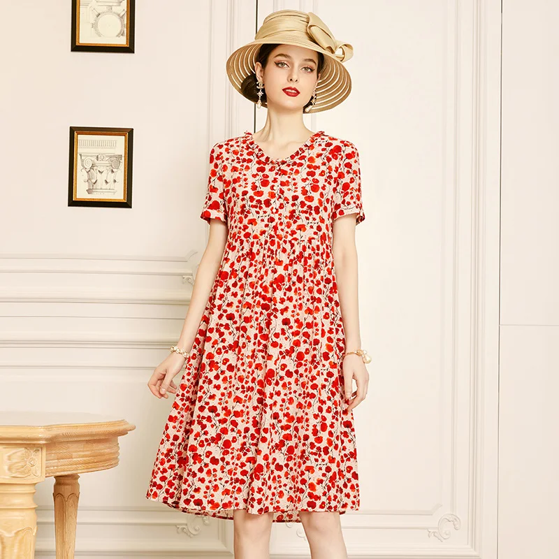 

SHZQ Silk Dress Women's Short Sleeve 2021 Summer New Fashion Thin Broken Flower Mulberry Silk Skirt