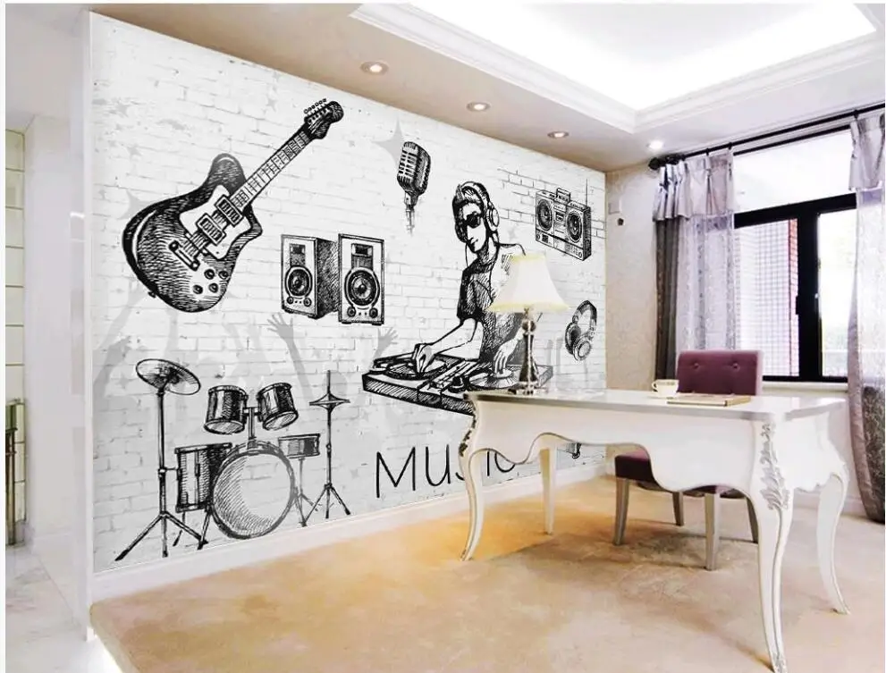 3d обои на заказ фотообои ручная роспись музыка гитара барабанная стойка