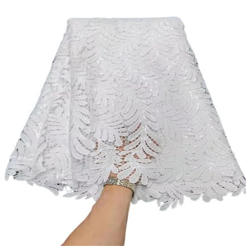 

White African Cord Guipure Lace Fabric French Sequins Lace Fabric 2022 High Quality Milk Silk Water Soluble Lace For Wedding