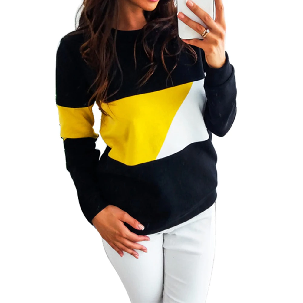 

Autumn Women Patchwork Hoodies Pullover Round Collar Long Sleeved Casual Sweatshirts
