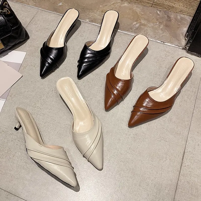 

2021 new fashion and popular ladies solid color pointed mid-heel casual slippers 1888