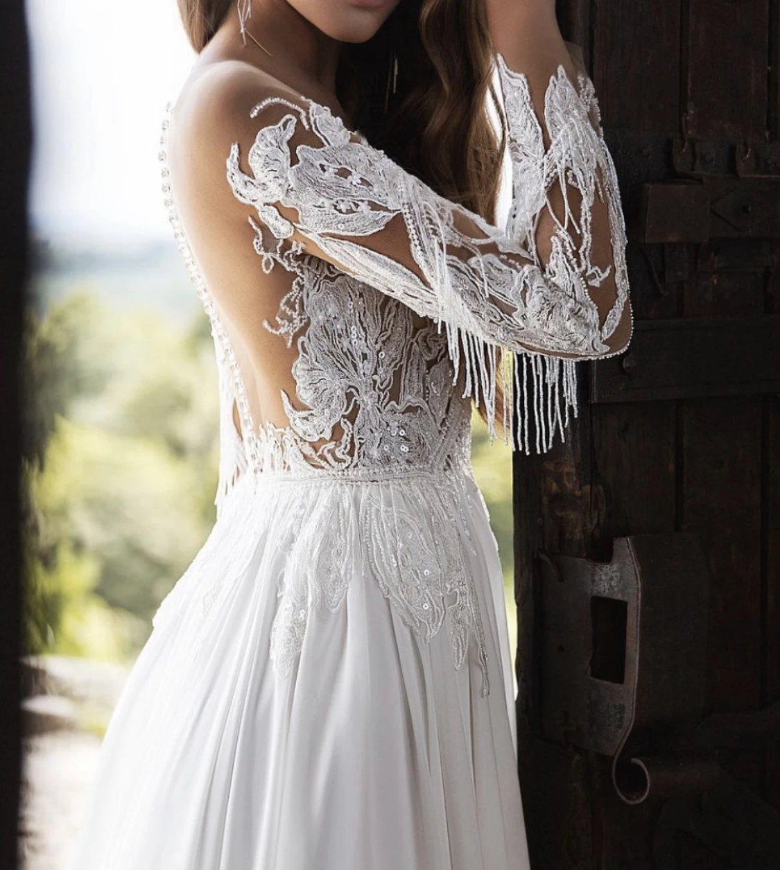 Wedding Dress A-Line Full Sleeve Sheer Neck Lace Appliques Sequined Tassel Backless Button Floor Length Sweep Train Bride Gown
