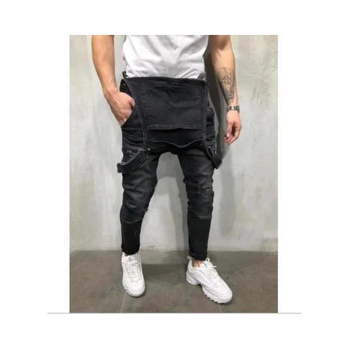 Net celebrity fashion hole loose men's denim overalls overalls blue black jeans pants work clothes garden repair workshops, etc.