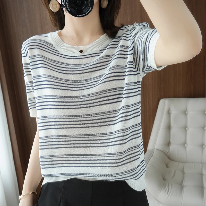 

Summer New Knitted Cotton Sweater Ladies O-Neck Pullover 100% Cotton Loose StripedCotton T-Shirt Coat Free Shipping Women