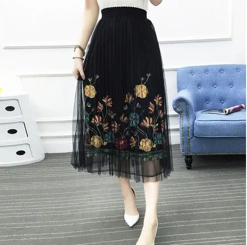 2019 весенние летние резинка на талии Цветочная вышивальная сетка миди юбка