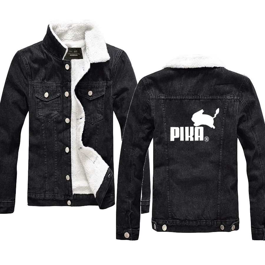 

Pika Printed Winter Coat Jacket Men Thick Fur Jeans Mens New Style Personality Jean Jacket Man Large Size Street Clothing