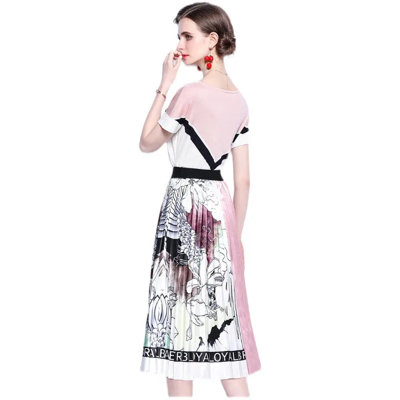 

Summer Tracksuit Women Two Piece Set Elegant Fashion O-Neck Short Sleeve Knitted Top And Print Pleated Midi Maxi Skirt Suit Mono