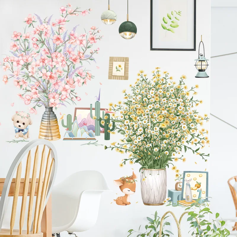 

Свежие цветы, Настенная Наклейка в горшке, фон для спальни, дивана, Подвесная лампа, декоративная наклейка, мультяшная кошка, Настенная карт...