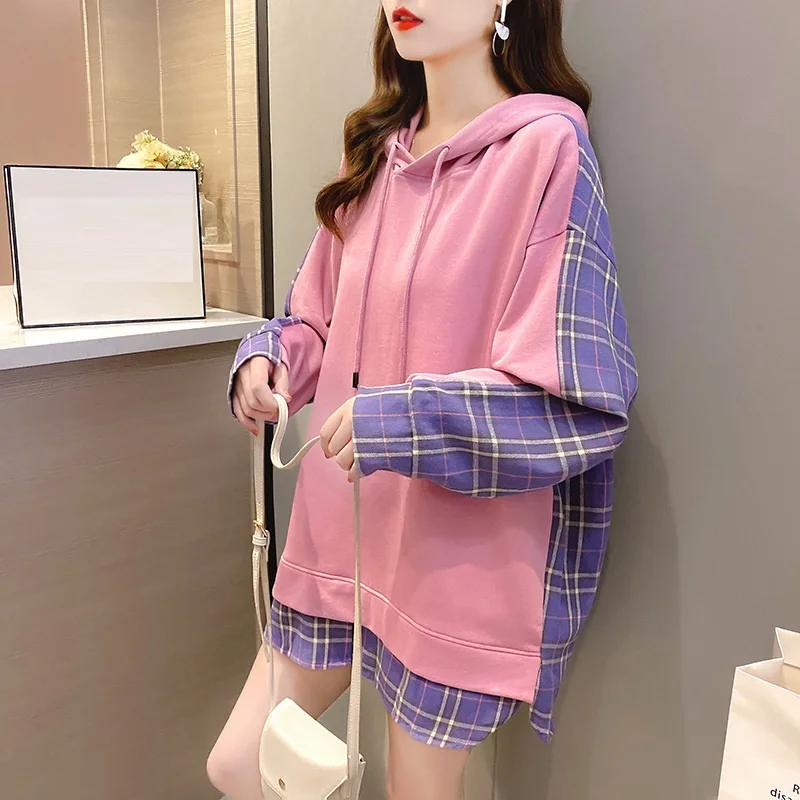 Осенняя Женская клетчатая Лоскутная Толстовка с капюшоном высокого уличного