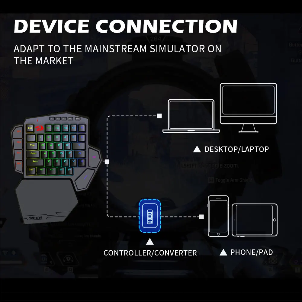 

Redragon DITI X RGB 42 Key One-handed Mechanical Gaming Keyboard Blue Switch 7 programmable macro For Game Laptop PC phone K601