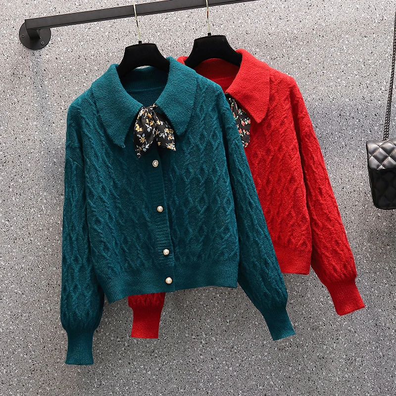 

Autumn Winter Korean Style Fashion Women Turn Down Collar Bow Long Sleeves Knitted Sweater Ladies Casual Cardigan