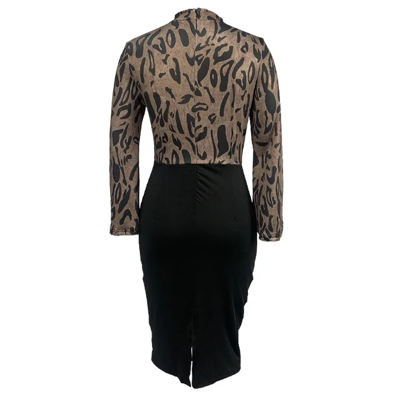 

Elegant Flare Long Sleeve Patchwork Dress Women 2021 Casual Autumn Female Fashion Deep V-neck Leopard Office Lady Work Dresses