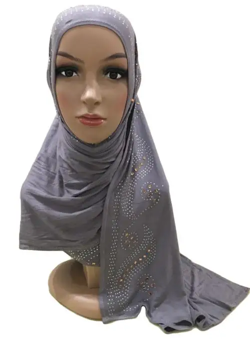 Хлопок мусульманские женщины молитва длинный шарф горный хрусталь сплошной цвет