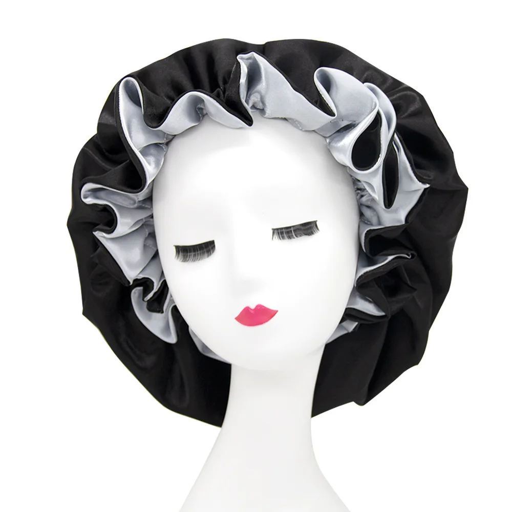 

Large Double-Layer Satin Stretch Nightcap Wide Brim Solid Color Shower Cap Beauty Hair Cap Wholesale Stain Bonnet