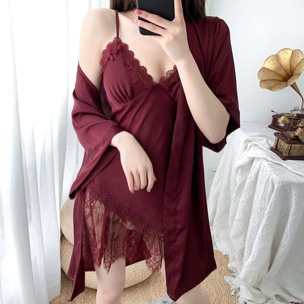 

Сексуальный перспективный Комплект для сна из 2 предметов, ночная рубашка, женское атласное кимоно, банный халат, кружевное ночное белье, ше...