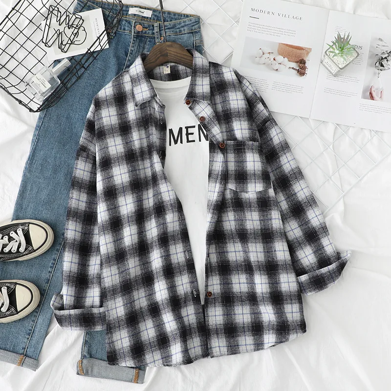 

Women Blouses Autumn Winter Shirt Casual Plaid Shirts Loose Boyfriend Style Cotton Ladies Tops Outwear Plus Size Women Clothing