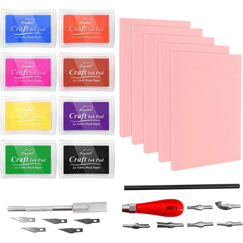 

Rubber Stamp Making Kit Pink Rubber Stamp Carving Blocks Linoleum Cutter Set Colorful Ink Pads Knife Kit Tools