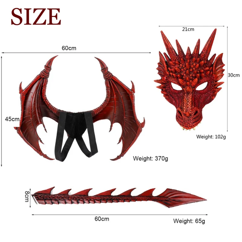 

Halloween Dragon Cosplay Props Mask Wing Tail 3Pcs Set Children's Boys Girls Halloween Costume Party Decor Props Kids Gift