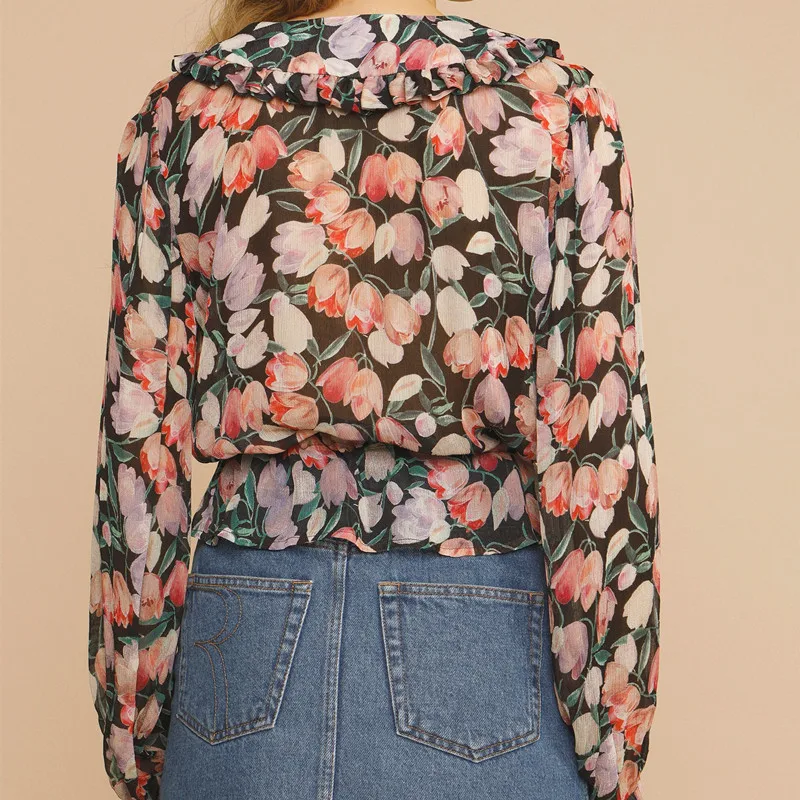 

Women's Tulip Watercolor Blouse Drawstring Long Sleeve Single Breasted Lace-up Shirts 2021 Spring Summer