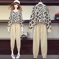autumn and winter new knitted two piece female personality leopard print pullover long sleeve loose sweater small foot pants set
