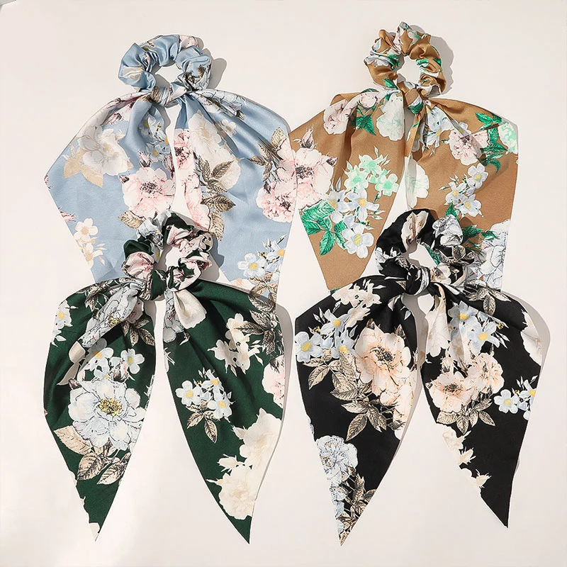 Boho Streamers Ponytail Hair Ring Scrunchie Striped Peony Flower Dandelion Print Ties Scarf Women Hairband Accessories |