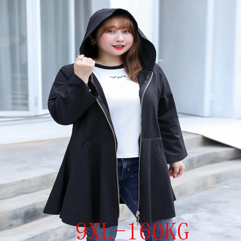 

Large Size Hooded Jacket 5XL-9XL Large Size Women's Bust 148CM Zipper Embroidered Pocket Long Sleeve Stitching A Line Hem Jacket