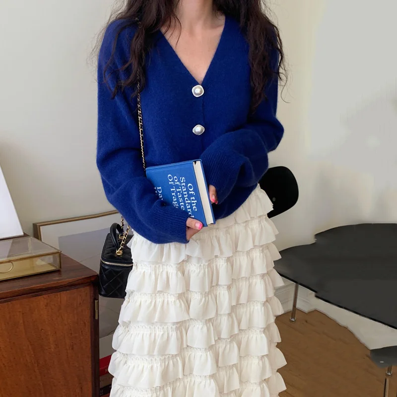 

Cardigan For Women Korean Chic Autumn V-neck Pearl Knitted Cardigan Sweater High Waist Layered Cake Skirt