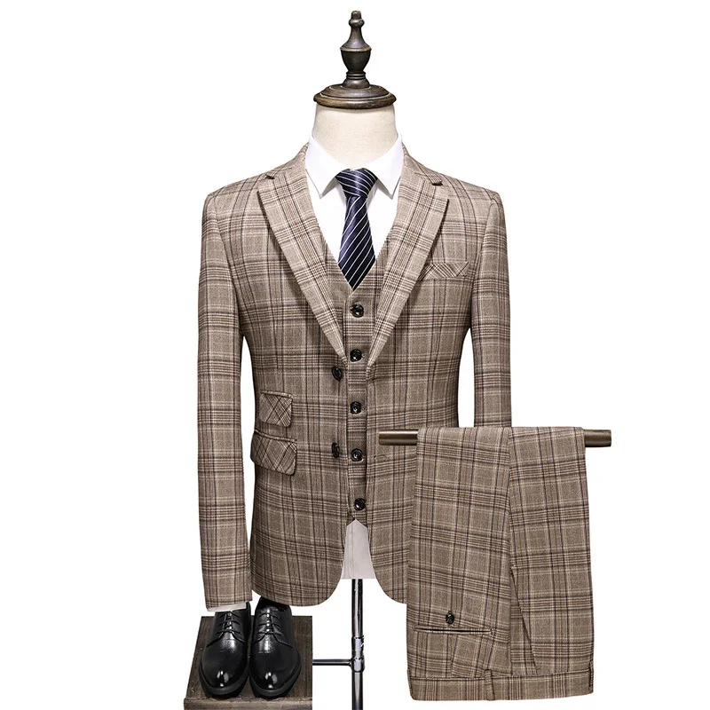 

2021 New Men Suit Plaid Double Breasted Costume 3 Pieces Homme Two Button Slim Fit High Quality Wedding Party Costume