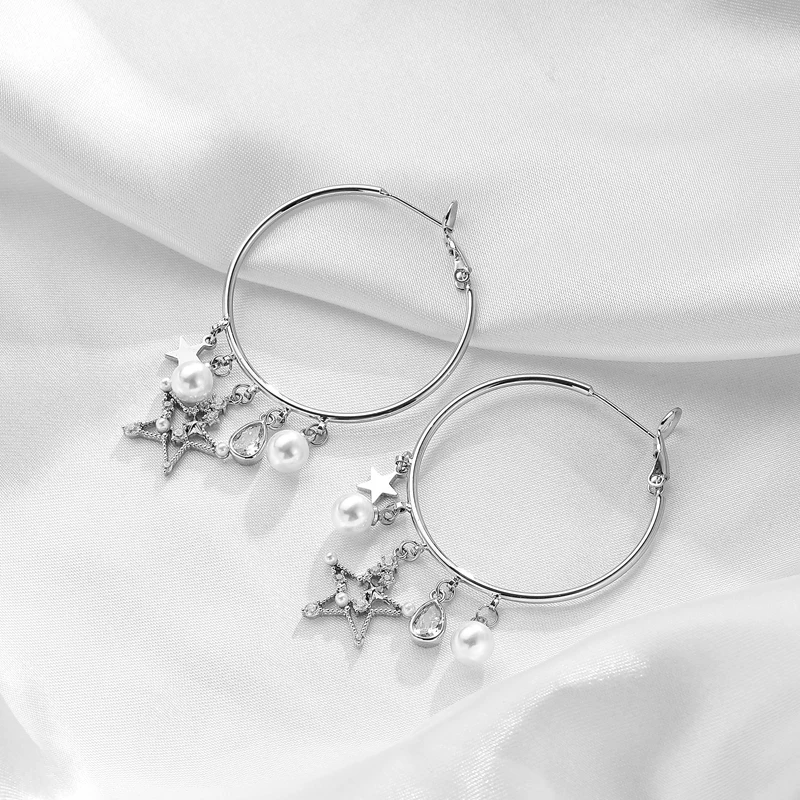 Новые Модные Винтажные большие серьги кольца с жемчугом и маленькими звездами