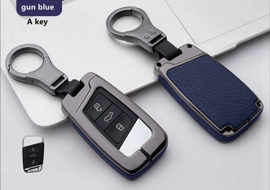 A key gun blue Высококачественный автомобильный кожаный и металлический чехол для ключей, брелок для Volkswagen Tiguan MK2 CC Passat B8 для Skoda A7 Octavia Superb - Название цвета: A key gun blue