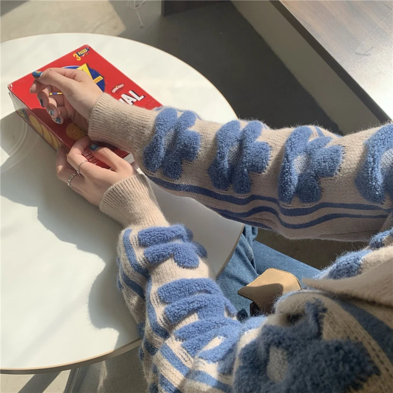 

GRUIICEEN new knitting embroidery flower pattern pullovers women casual korean loose sweater top