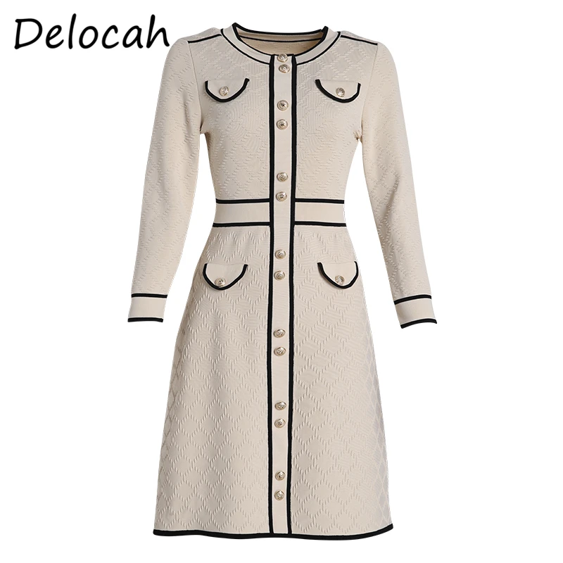 

Delocah Women Summer Fashion DesignerParty Midi Dress Long Sleeve Button Fake Pocket Solid Printed Ladies A-line Dresses 2021