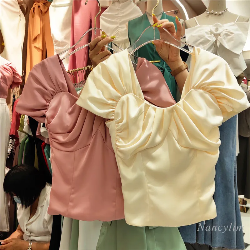 

Ladies V-neck Puff Sleeve Blouse Chest Pleated Satin Shirt Women's Sunmer Tops Short Slim Fit Solid Color Blusas Mujer 2021